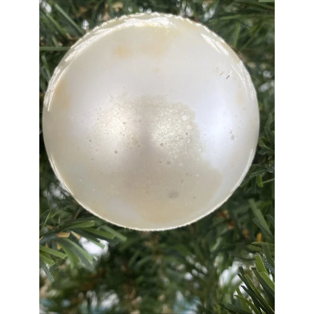 Vintage White Made USA MERRY CHRISTMAS Mica Stenciled Ball Ornament Holiday